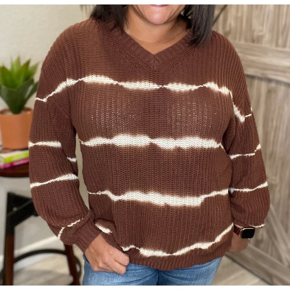 Like Love by Sew in Love COCOA BROWN TIE DYE V NECK PULLOVER SWEATER